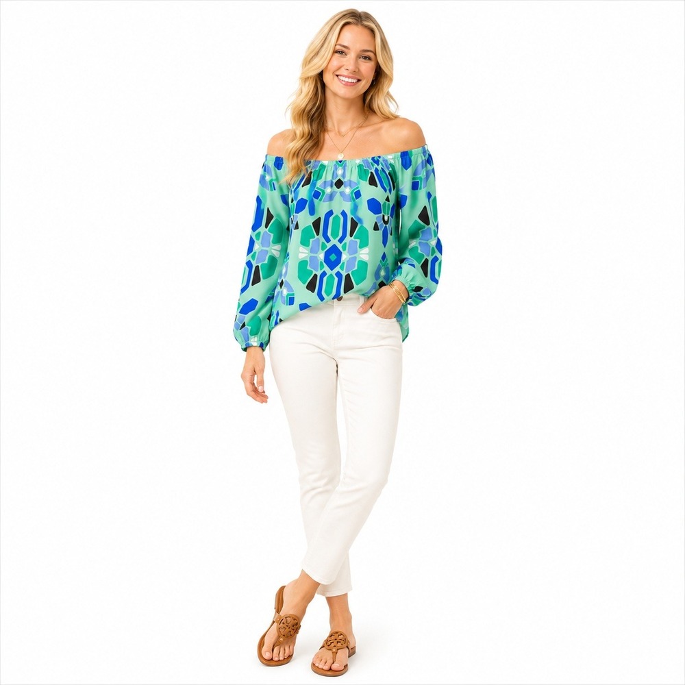 Britt Ryan Top Womens XS Green Geometric Mosaic Off Shoulder 3/4 Sleeve Boho‎